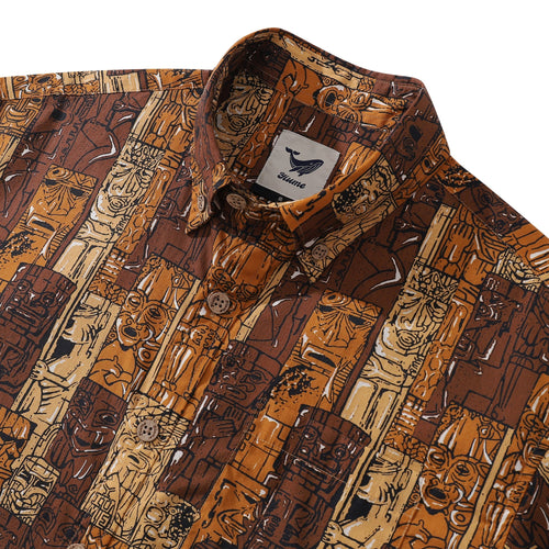 1940s Hawaiian Shirt For Men TIKI Print Cotton Button Down Short Sleeve Aloha Shirt